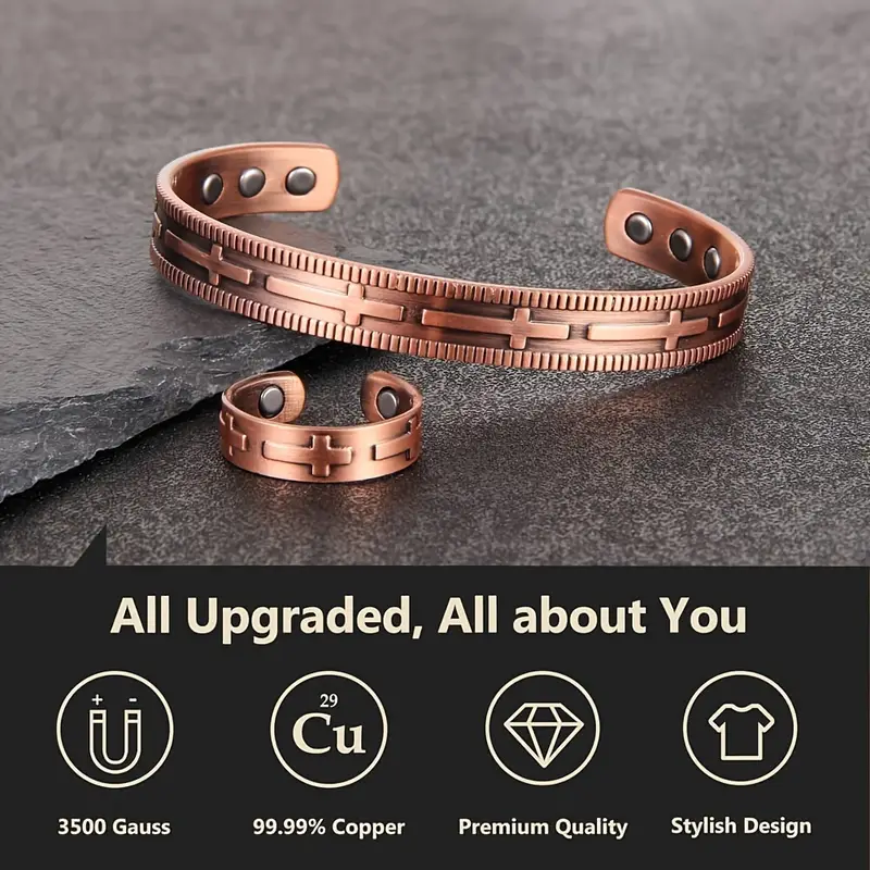 Adjustable Copper Magnetic Bracelet and Ring Set for Men and Women - Image 4