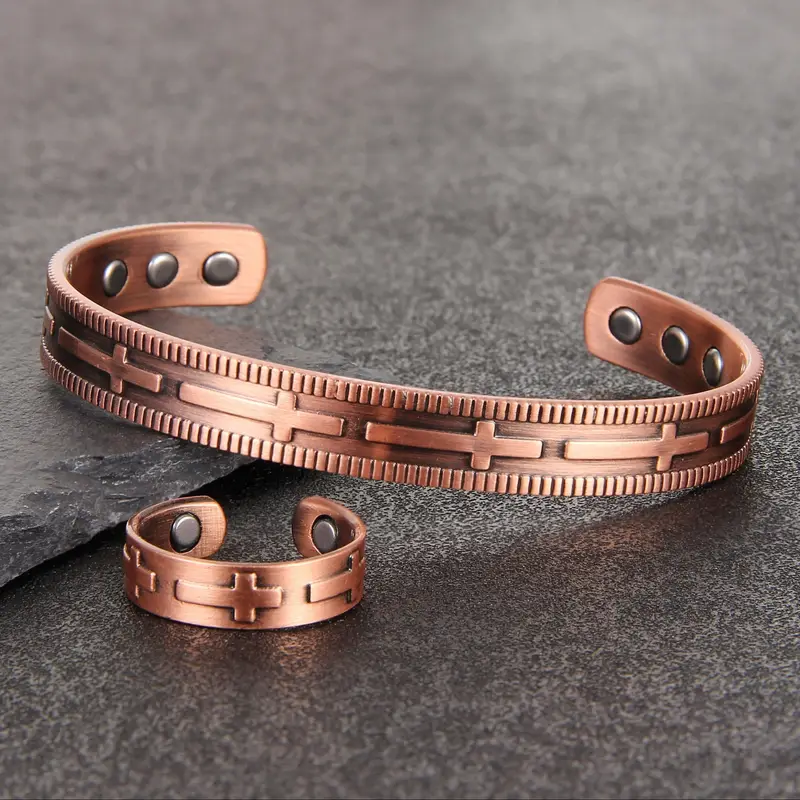 Adjustable Copper Magnetic Bracelet and Ring Set for Men and Women