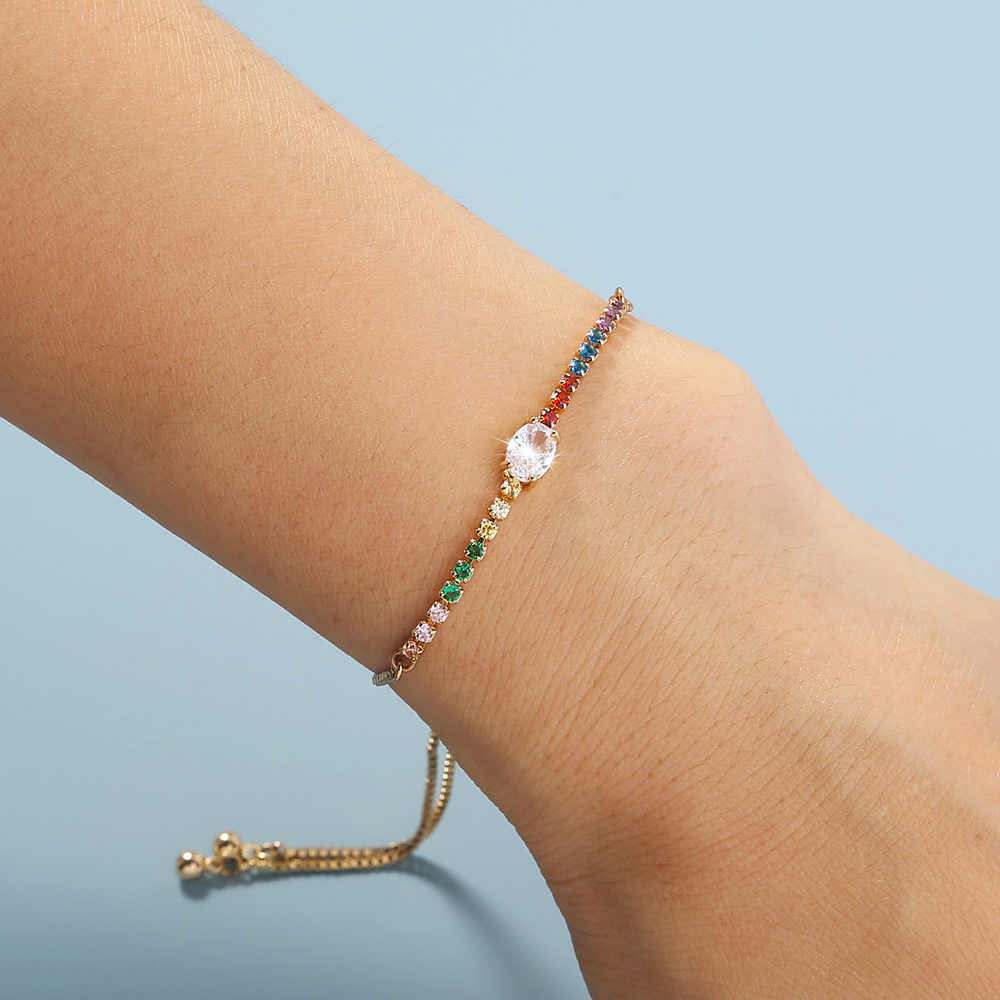 Copper Gold Plated Pendant Micro-Set Colorful Zircon Shrink Pulled Copper Bead Bracelet - Image 3