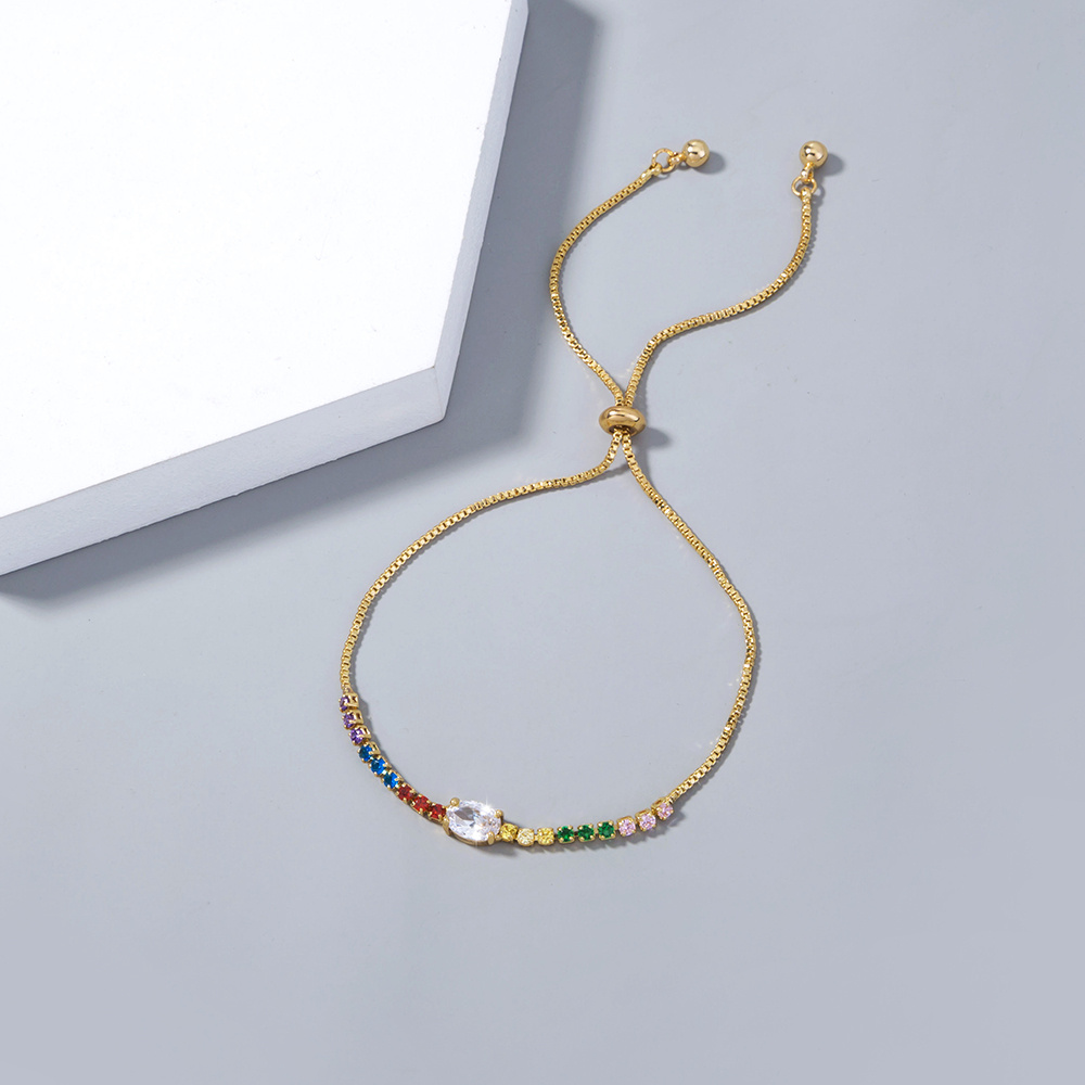 Copper Gold Plated Pendant Micro-Set Colorful Zircon Shrink Pulled Copper Bead Bracelet - Image 4