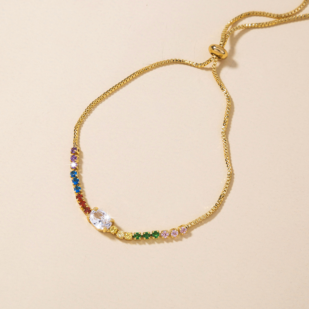 Copper Gold Plated Pendant Micro-Set Colorful Zircon Shrink Pulled Copper Bead Bracelet - Image 2