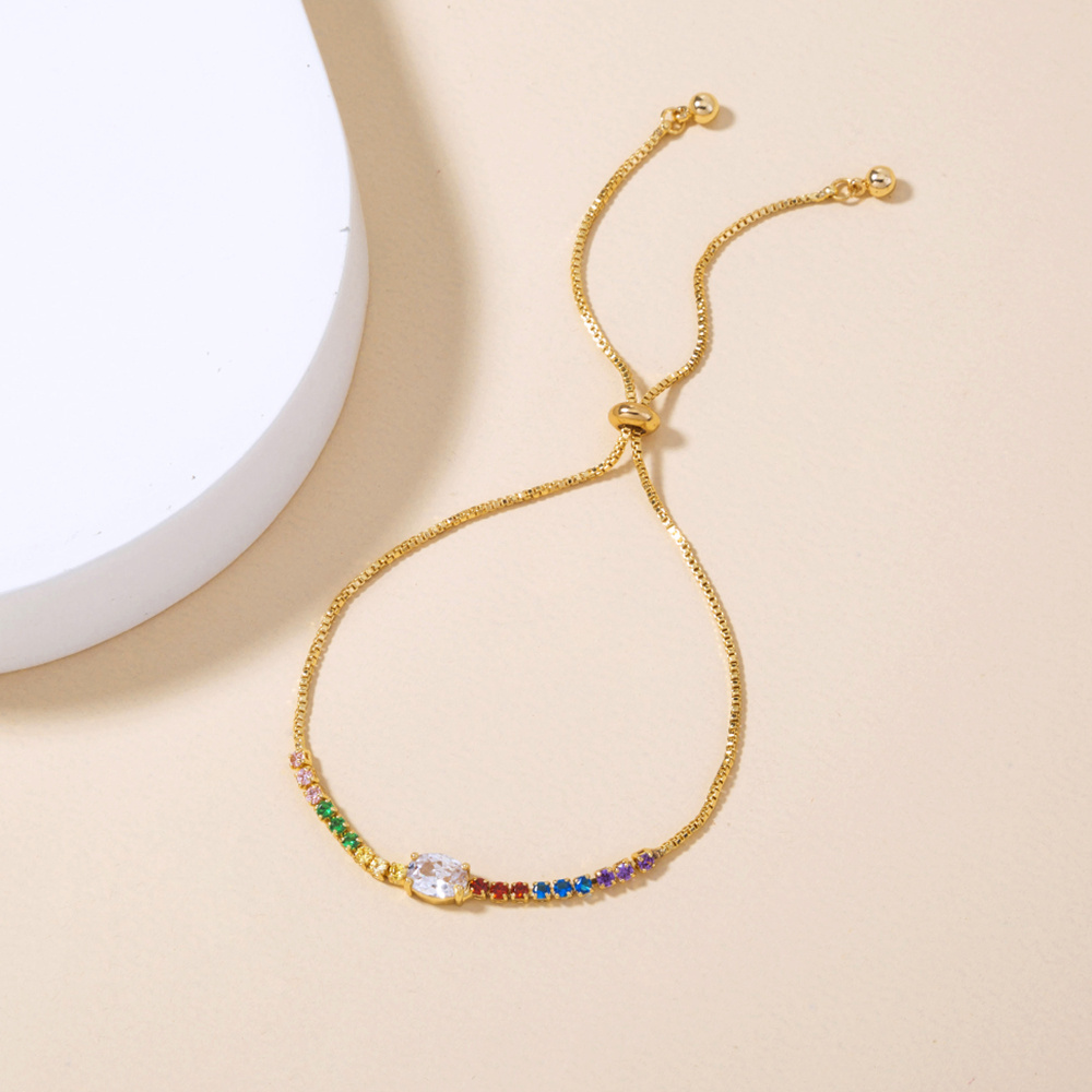 Copper Gold Plated Pendant Micro-Set Colorful Zircon Shrink Pulled Copper Bead Bracelet - Image 5