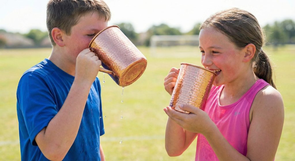 kids drinking water from a healing copper cup