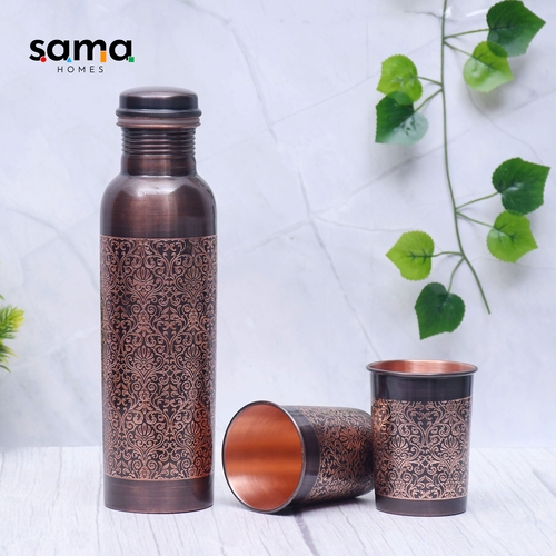 Pure-Copper-Water-Bottle-with-2-Glasses-Black-Antique-Engraving-Design