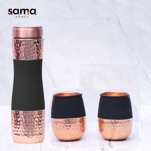 Pure-Copper-Water-Bottle-with-Tumblers-Silk-Finish-Half-Hammered